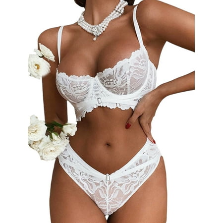 DYMADE Womens Valentine s Day Lingerie Sets 2Pcs Sets Sexy Spliced Lace Bra with Thongs Lounge Set