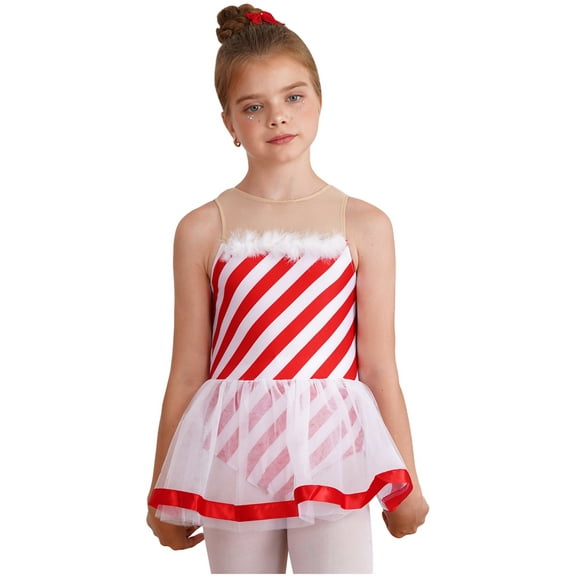 CHICTRY Girls Christmas Candy Cane Costume Fuzzy Stripe Ballet Dance Figure Ice Skating Tutu Leotard Dress Red 10
