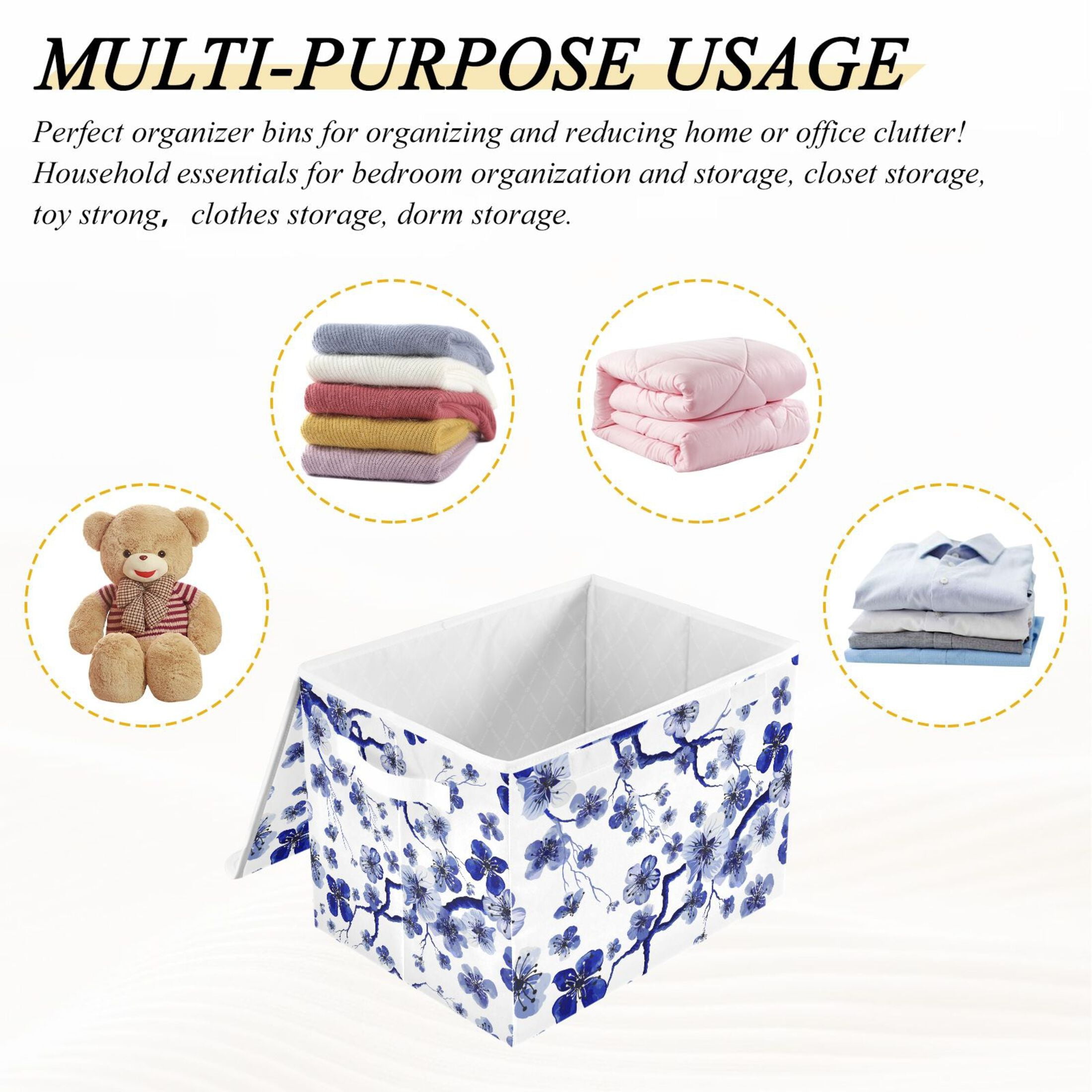 Flowes Floral Blue Large Lidded Storage Bin Foldable Storage Boxes Cubes Baskets Lids with 2 Handles for Home Bedroom Office 16.5x12.6x11.8inch