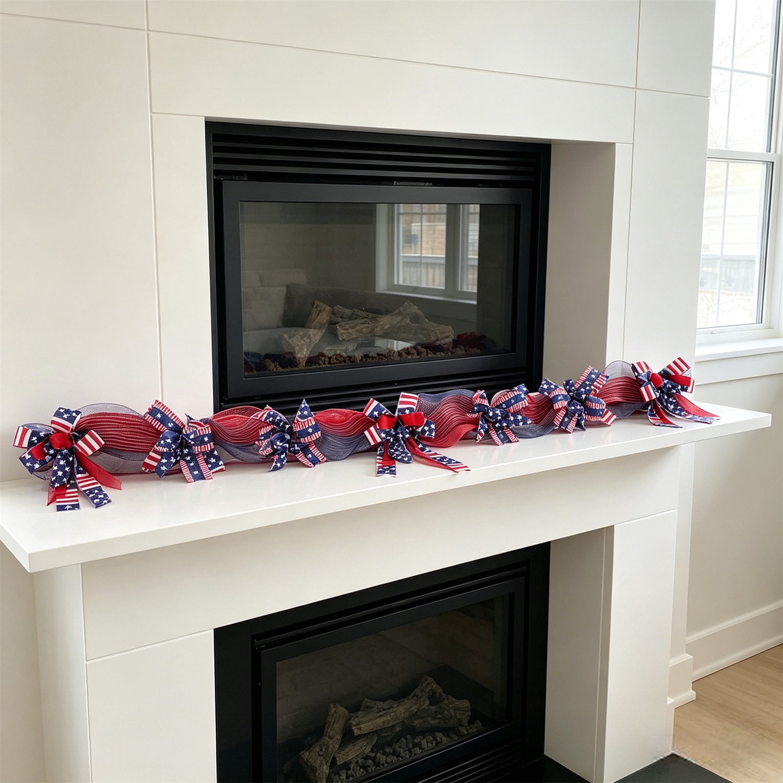 Independence Day Pull Flower 70.9 in, Red White Blue Mesh Ribbon Bow for Fireplace Door, 4th of July Party Decor with Star‑Spangled Flag