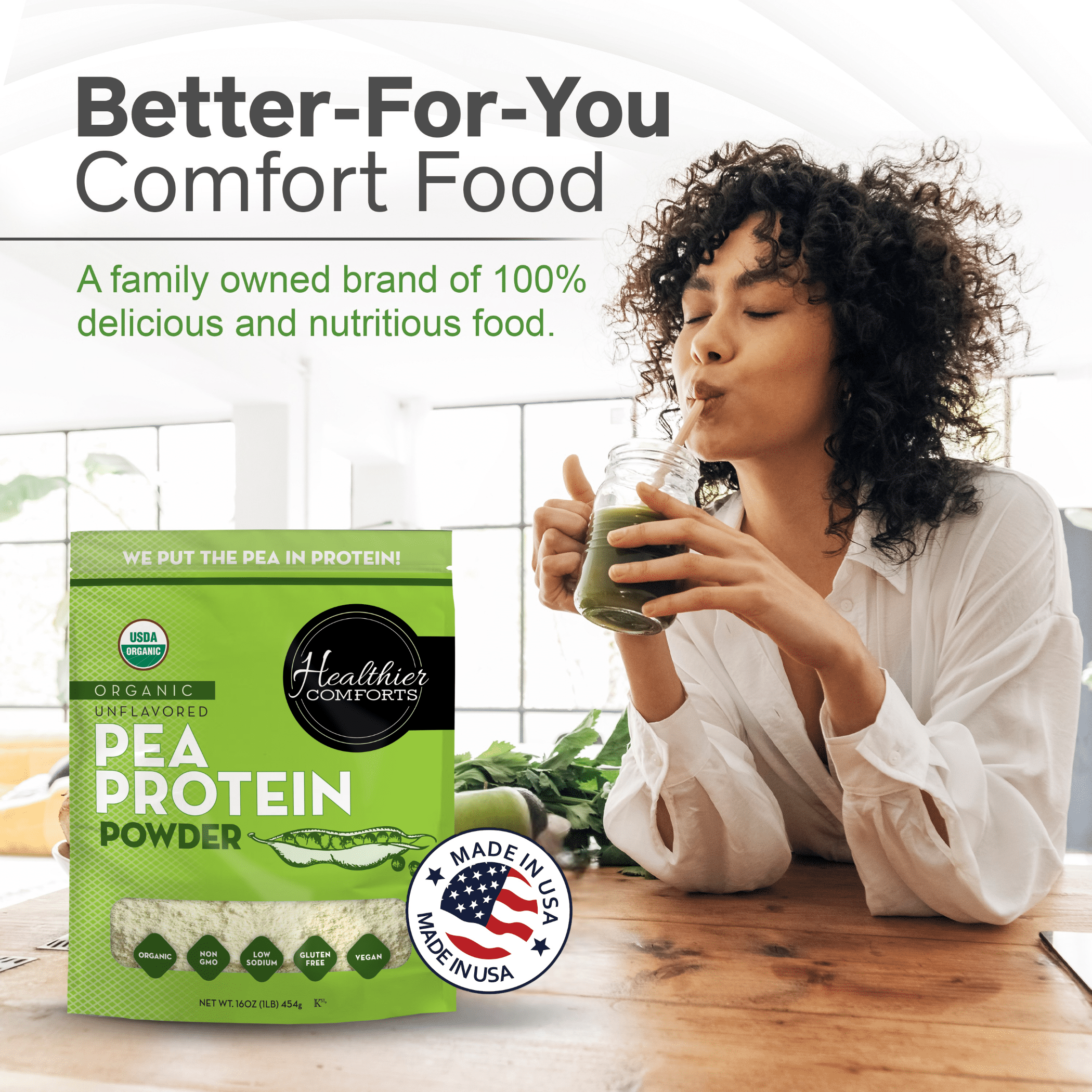 Healthier Comforts Organic Pea Protein Powder 16oz | Low Sodium, 100% Plant Based Protein Powder | Kosher, Gluten Free, Non-GMO, Keto Friendly | Unflavored Protein