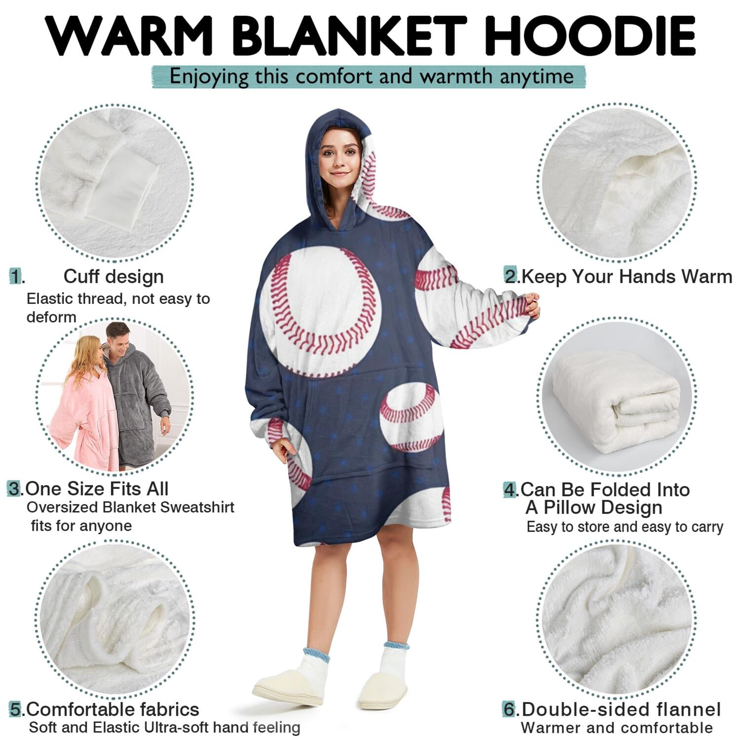Navy Blue Baseballs Pattern Wearable Oversized Blanket,Wearable Blanket Hoodie for Adults,Cozy Hooded Blankets with Super Pockets,Super Warm Fuzzy Pullover for Women & Men