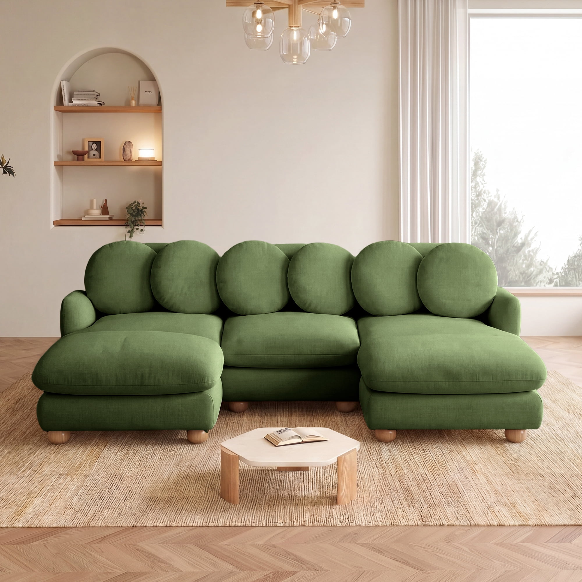 95" U-shaped 5 Seater Chenille Modular Sectional Sofa Couch with 6 Throw Pillows and 2 Ottoman
