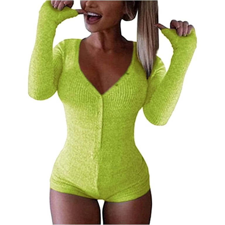 Roselux Women's Sexy Deep V Neck Shorts Long Sleeve Knitted One Piece  Bodysuit Sexy Pajama Onesie Bodycon Rompers Overall 