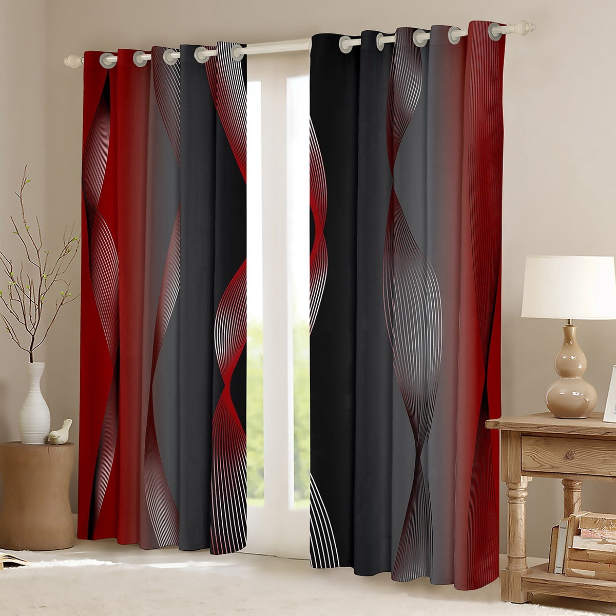 Gradient Red and Grey Black Curtains & Drapes,Irregular Silver Stripe Wave Line Curtains Ombre 30%-50% Blackout Curtains 2 Panels 42"Wx84"L,Abstract Art Room Decor Aesthetic