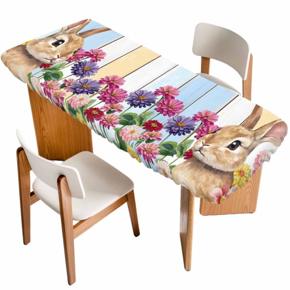 Easter Bunny Table Cloths for 8 Foot Rectangle Tables, Spring Colorful Daisy Flowers Rabbit Wood Plank Patio Waterproof Elastic Fitted Tablecloths, Washable Rectangular Table Cover for Camping