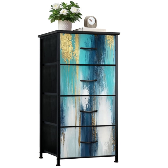 Modern Dresser for Bedroom with 4 Storage Drawers Blue Gold Teal Painting Colorful Aesthetic Blue Tones Gold Accents Dressers Chest of Drawers Steel Framed Fabric Closet Organizers for Entryway