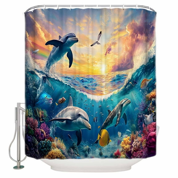 72x78 Inch Shower Curtain Blue Coastal Bathroom Decor Waterproof Fabric Bathtub Bath Curtains Decorative Dolphin Summer Beach Nautical Ocean Extra Long Shower Curtain Set with Hooks
