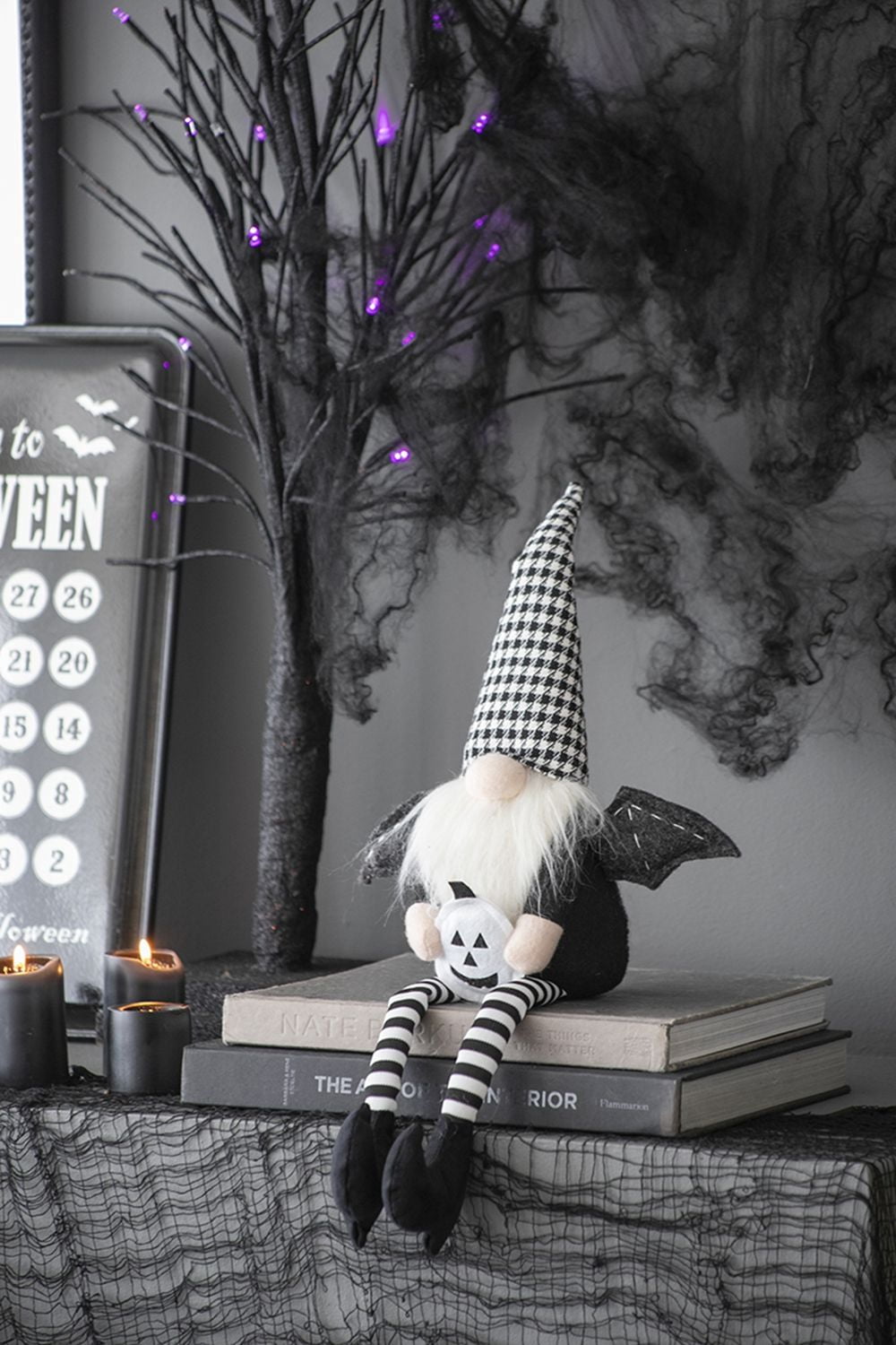 Set of 2 Halloween Gnome Decorations 23.5IN Polyester Fabric Sitting Gnome with Jack-O-Lantern for Indoor Tabletop Shelf Display