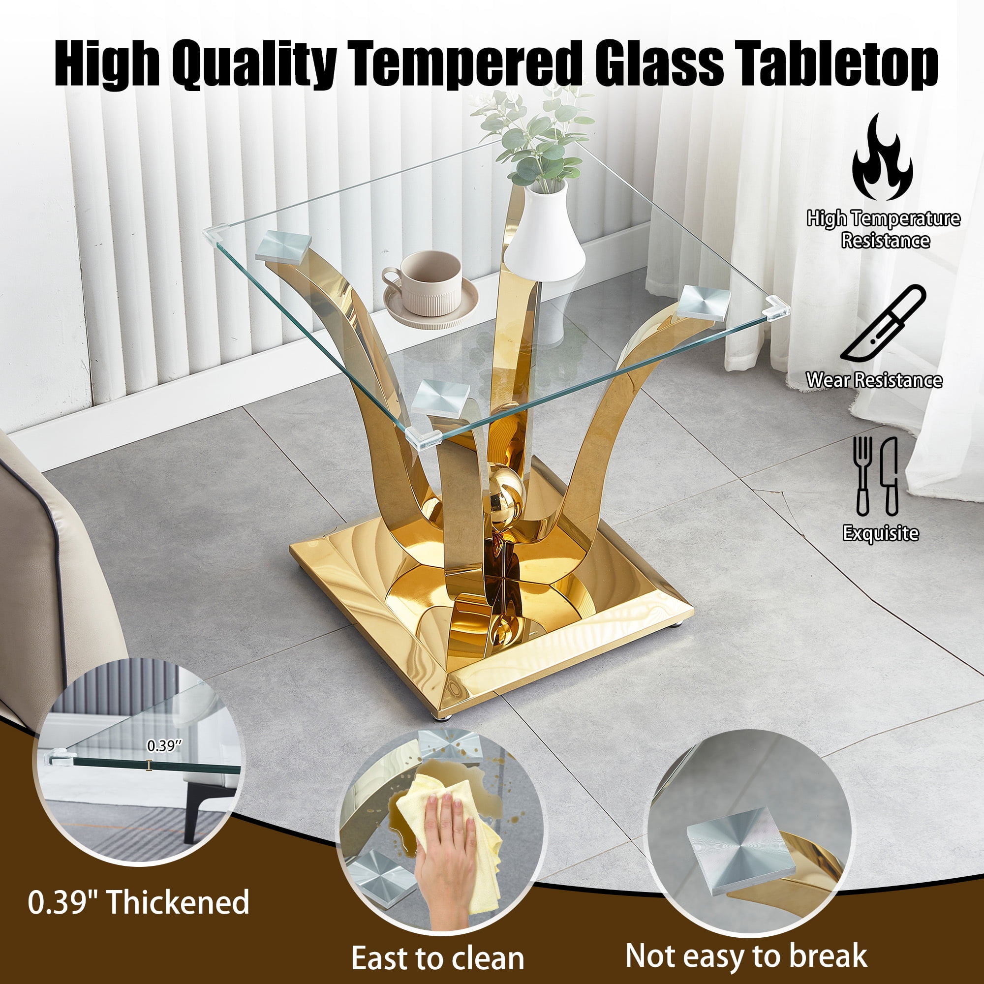 23.62" Square Glass End Table with Tempered Glass Top and Modern U-Shaped Stainless Steel Base, Perfect for Living Room and Bedroom