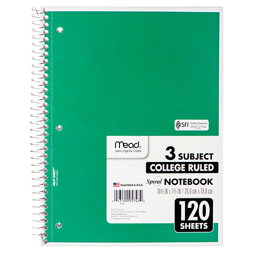 Mead Notebook Spiral 1 Subject 120 Ct College Rule