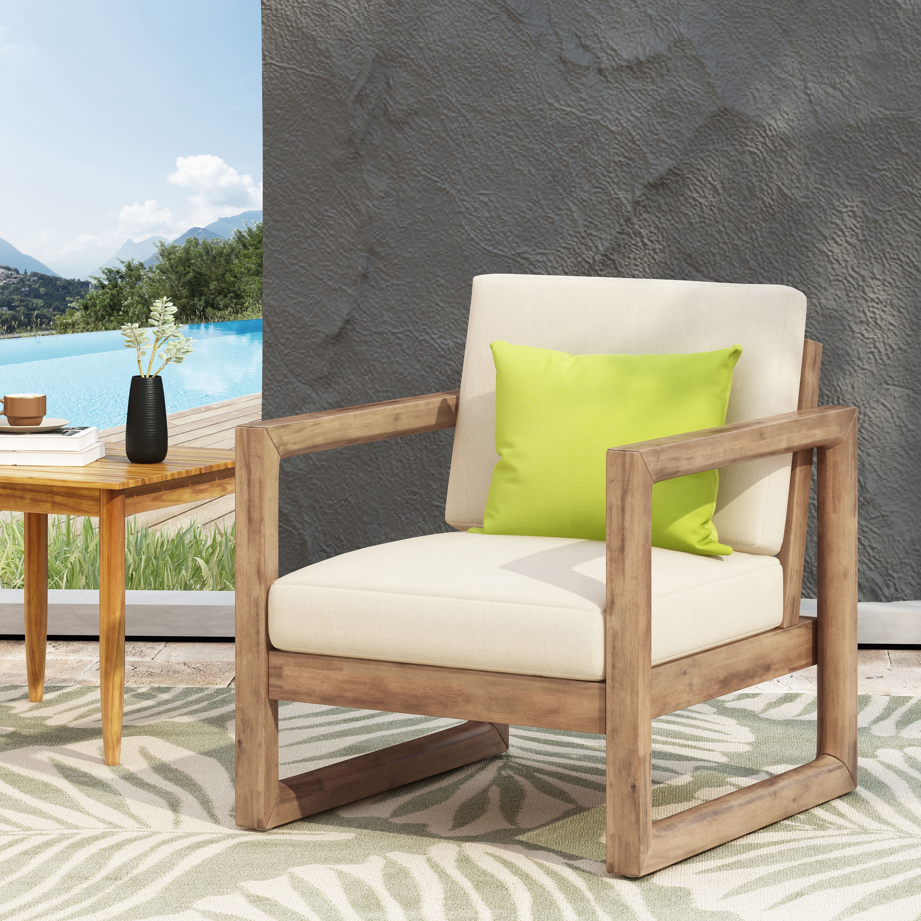 Outdoor Patio Single Seat Chair, Acacia Wood Frame with Thick Waterproof Cushion for Porch Garden, Brown Wash and Beige