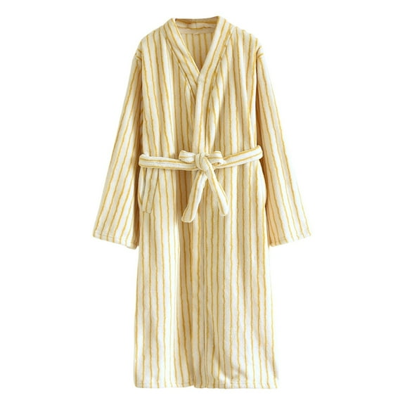 Arlun Trendy Striped Sleepwear Robes for Women Soft Fluffy Over the Knee Length Wrap Loungewear with Belt Lightweight Comfortable Fashion Simple Design Nightwear Yellow M