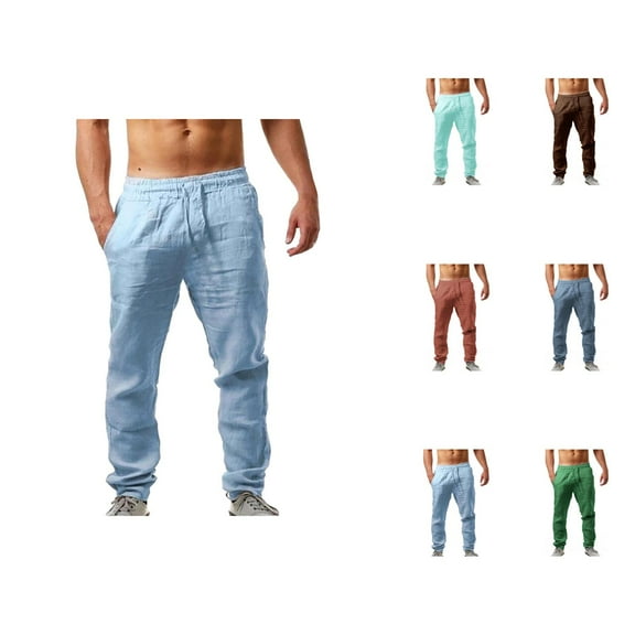Men’s Linen Pants for Summer, Elastic Waist Cotton Blend Trousers for Men, Big and Tall Relaxed Fit Lounge Pants with Pockets, Ideal for Beach, Home or Sleepwear S-3XL