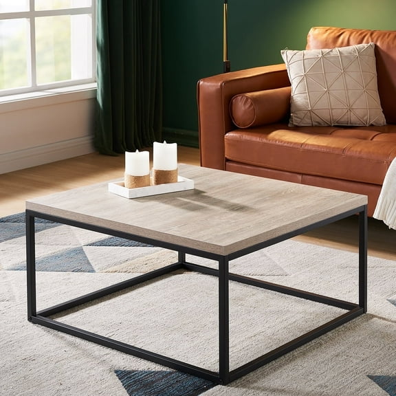 Censi Square Wooden Coffee Table, Adjustable, Grey Oak Veneer, 30"x30", 1.2" Extra Thick Tabletop