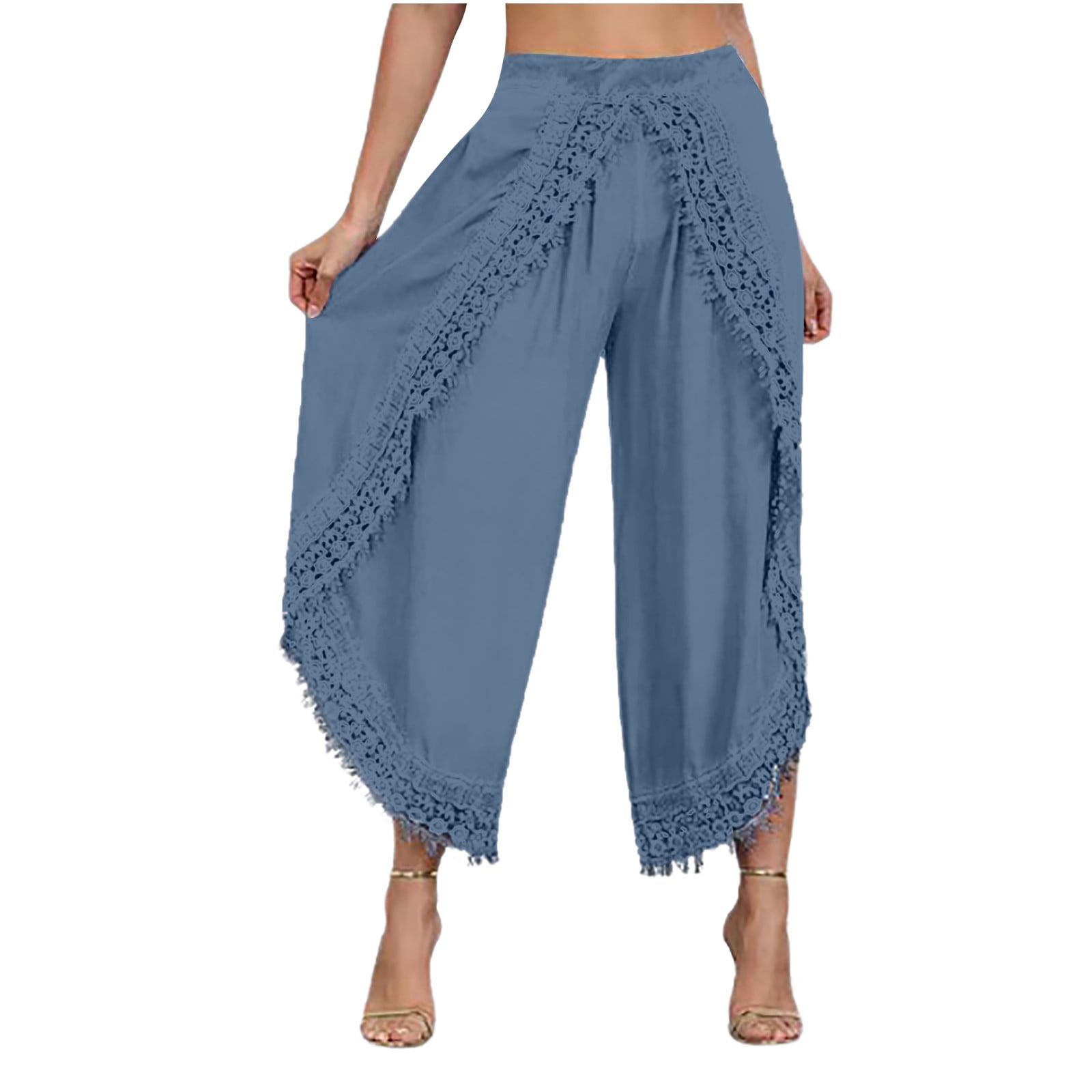 Meichang Lounge Pants for Women Lace Trim Harem Pants Chiffon Pants Elastic Waist Loose Fit Wide Leg Pants Solid Layered Flowy Boho Yoga capris Pants Blue XXXL Walmart
