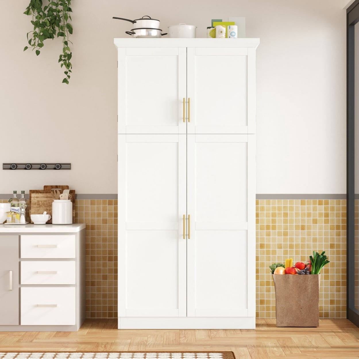 Freestanding Kitchen Pantry Cabinet, 35.5" Tall Storage Cabinet with 4 Doors, 8 Pull-Out Trays, Adjustable Shelves & Door Storage for Dining Room, White
