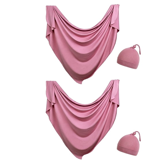 2 Pack Blush Pink Modal Baby Swaddle Blanket with Matching Knotted Hat Set, Soft Stretchy Newborn Receiving Wrap for 0-6 Months, Baby Shower Gift