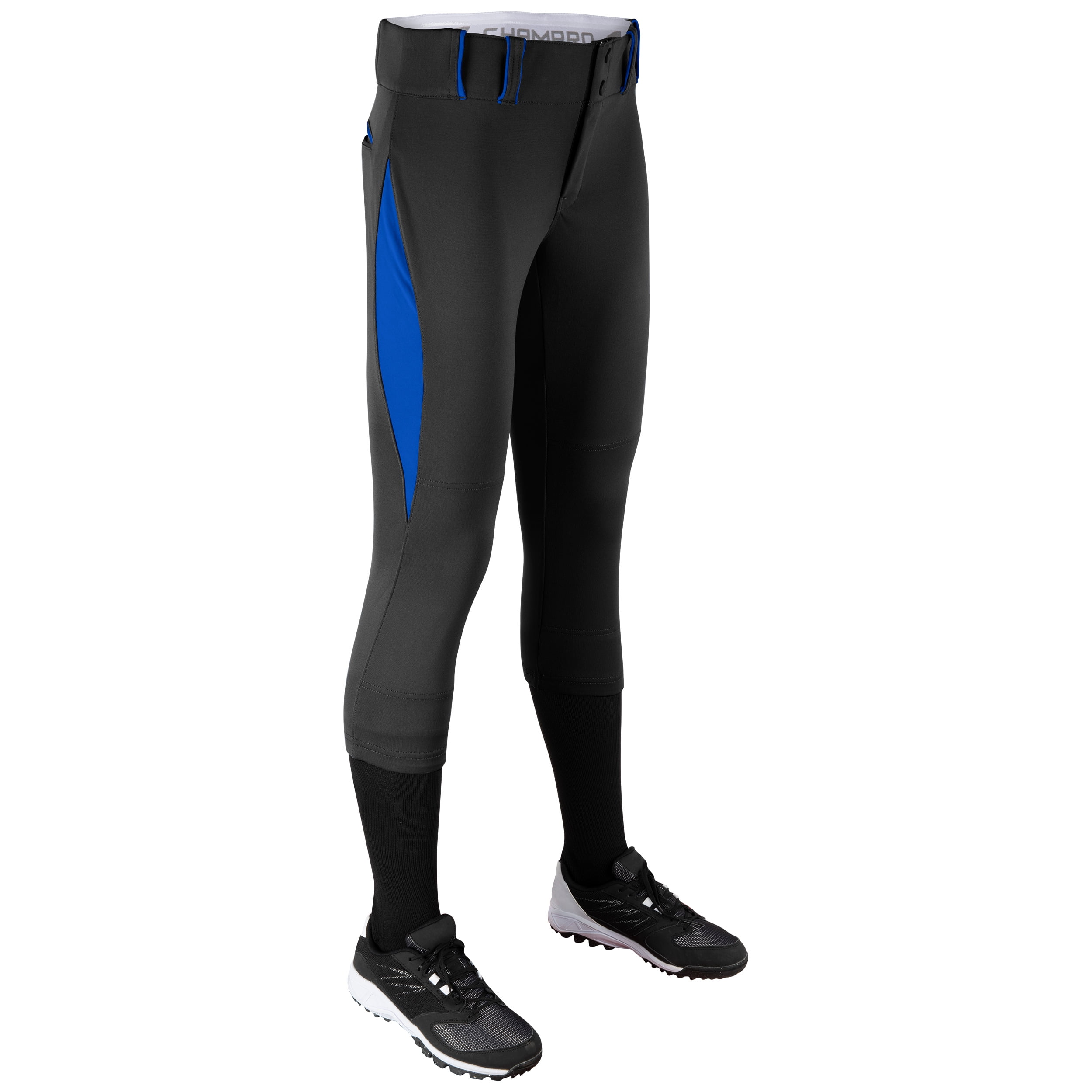 Champro Sports Surge Traditional Low-Rise Fastpitch Softball Pants, Women's Small, Black with Royal Pipe