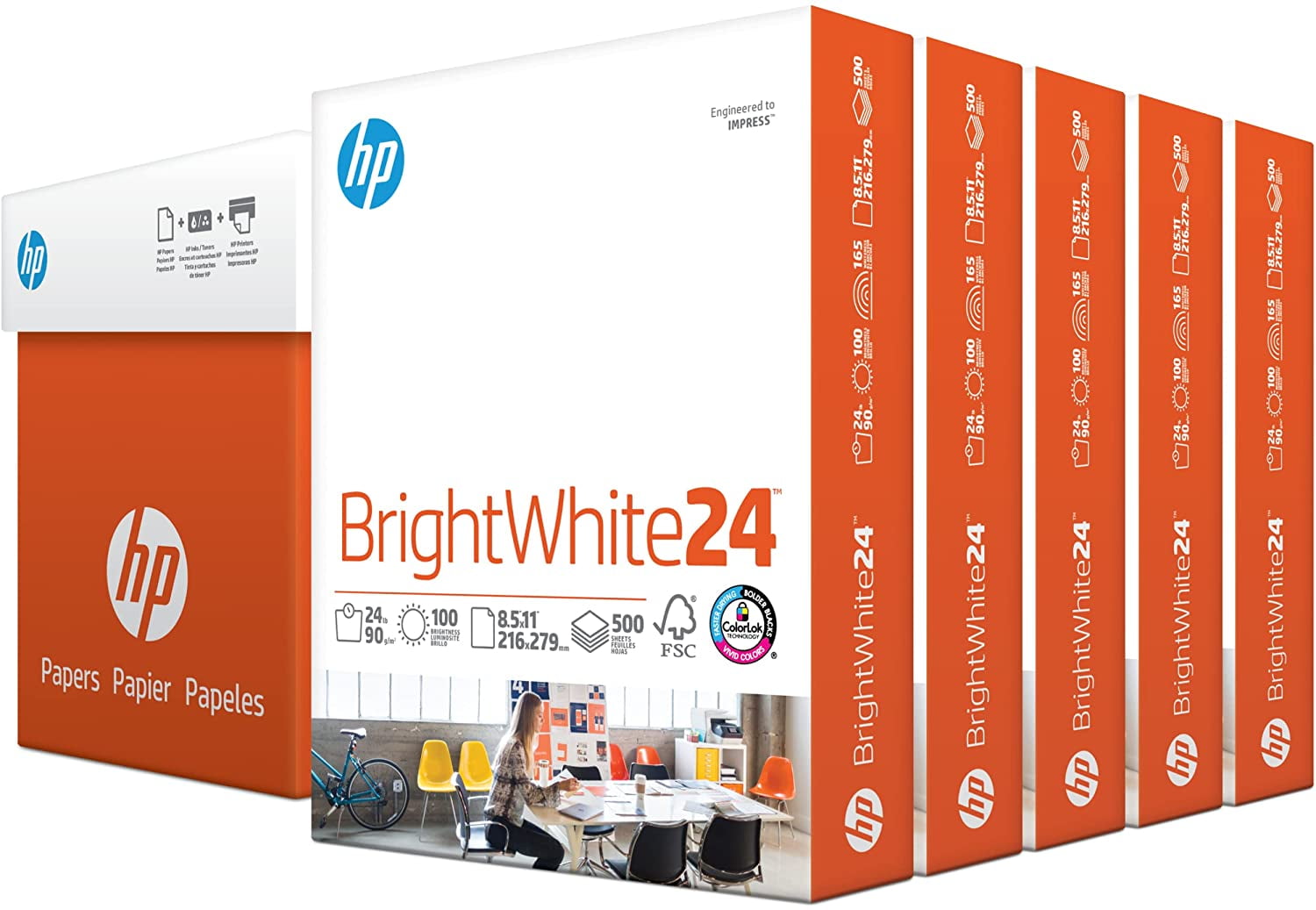 HP Printer Paper 8.5x11 BrightWhite 24 lb 5 Ream Case 2500 Sheets 100