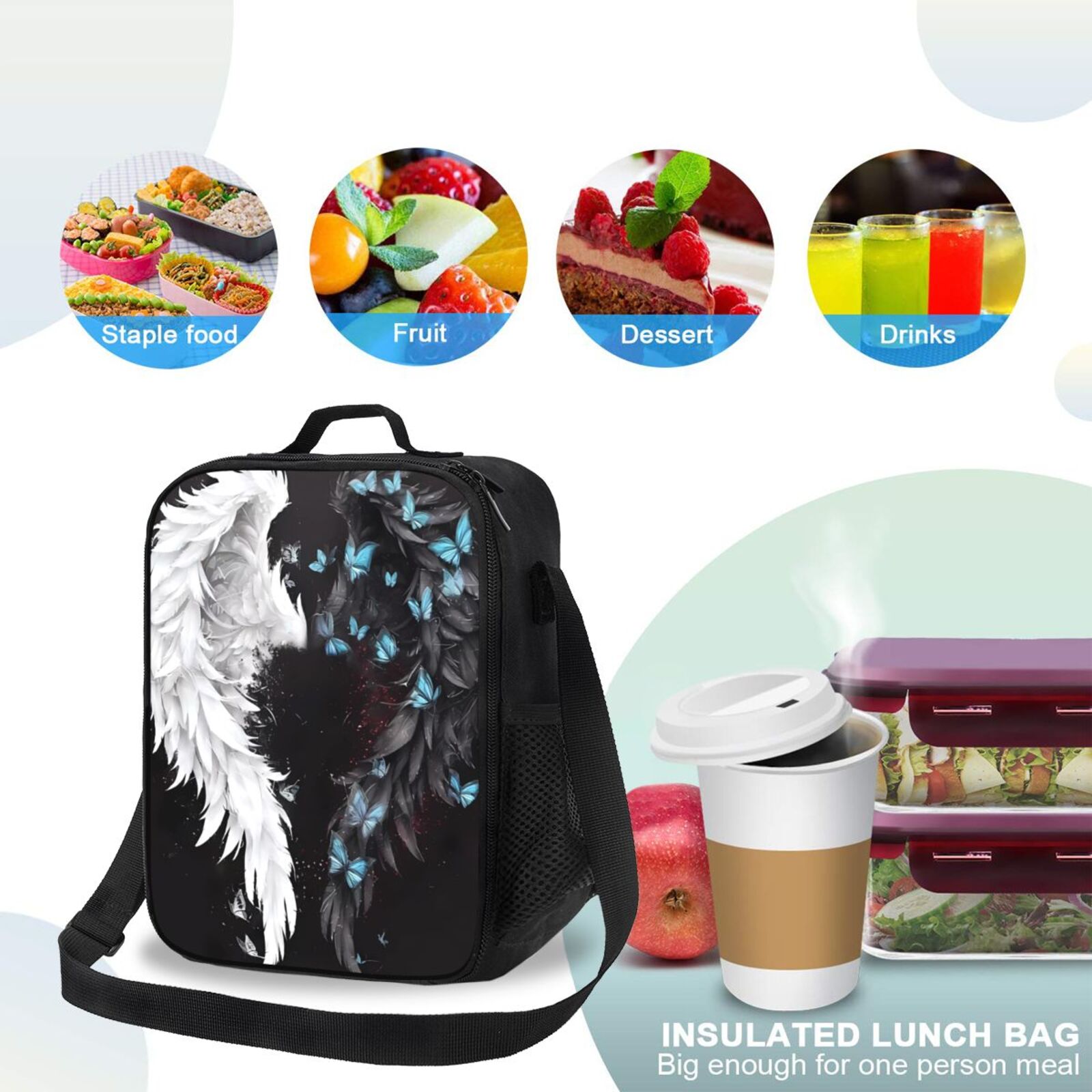 Rateoe Butterfly Angel Wings Art Lunch Bag Reusable Lunch Box with Shoulder Straps for Men Women Insulated Portable Lunchbox for adults Suitable for School Work Picnic