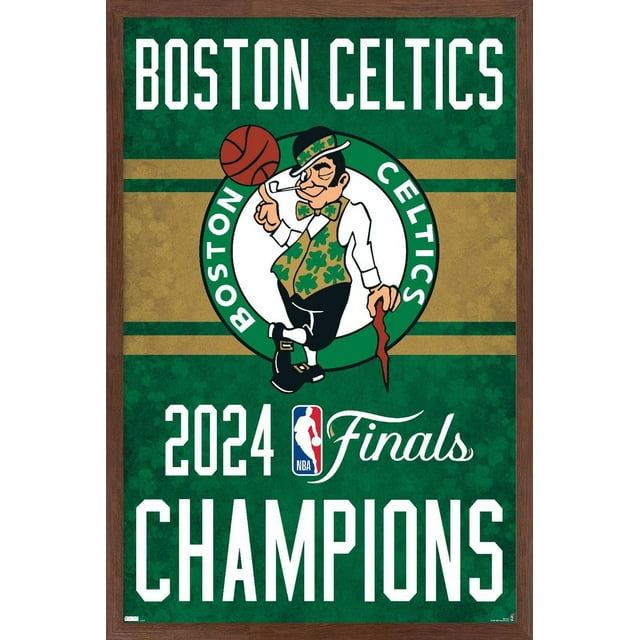 NBA Celtics de Boston - Affiche Murale du Logo de l'Équipe des Finales 2024 de la NBA, 22,375 Po x 34 Po Encadrée, Mettant en Vedette la Mascotte des Celtics Faisant Tournoyer un Ballon de basketball sur Son Doigt à l'Intérieur d'Un Cercle Vert avec Texte « Celtics de Boston », sur Fond Vert et Or avec Grand Texte Blanc Lisant « 2024 NBA Finals Champions », Idéale pour Décorer les Chambres des Amateurs de Sport