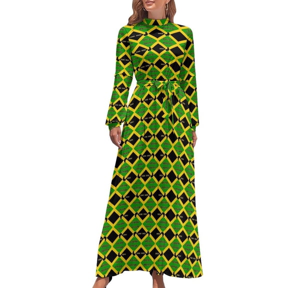 Jamaica Flag Dress Green Yellow Stripes Vintage Maxi Dress Casual Boho Beach Long Dresses High Waist Graphic Vestidos