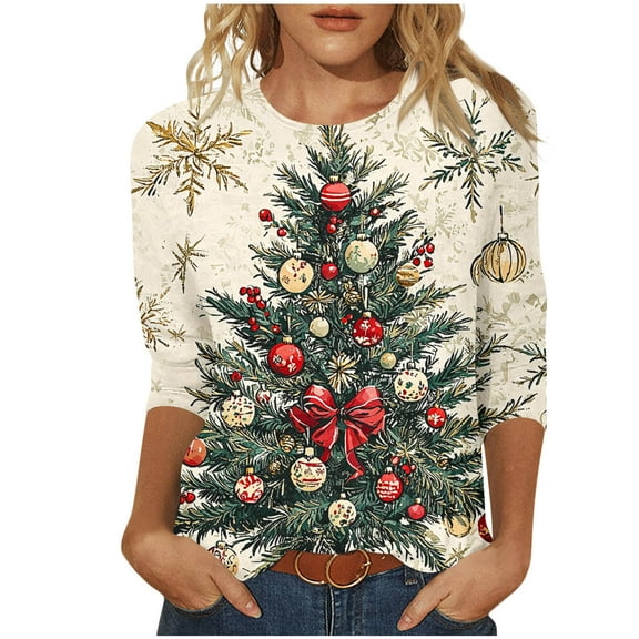 Byworldtasic Christmas Shirts for Women Plus Size Funny Printed 3/4 Sleeve Tops Round Neck Pullover Blouses S-5XL