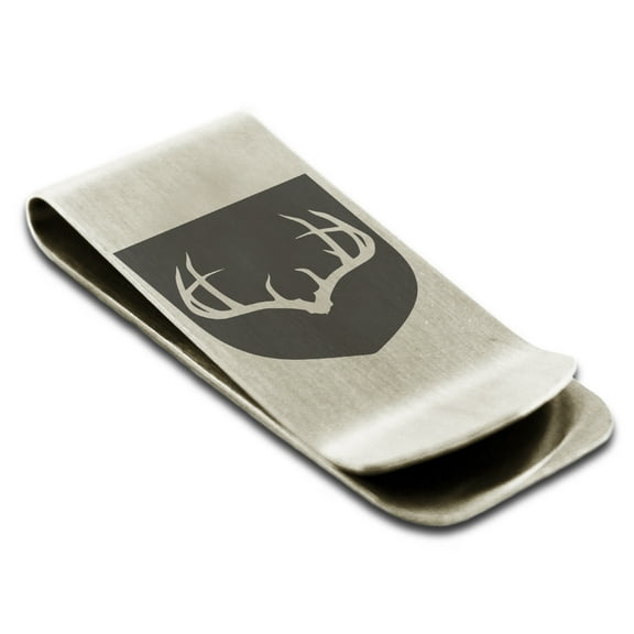 Tioneer Stainless Steel Antlers Fortitude Coat of Arms Shield Engraved Money Clip Credit Card Holder