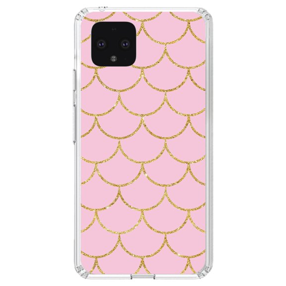 DistinctInk Clear Shockproof Hybrid Case for Google Pixel 4 XL (6.3" Screen) - TPU Bumper, Acrylic Back, Tempered Glass Screen Protector - Pink & Gold Print - Scalloped Pattern