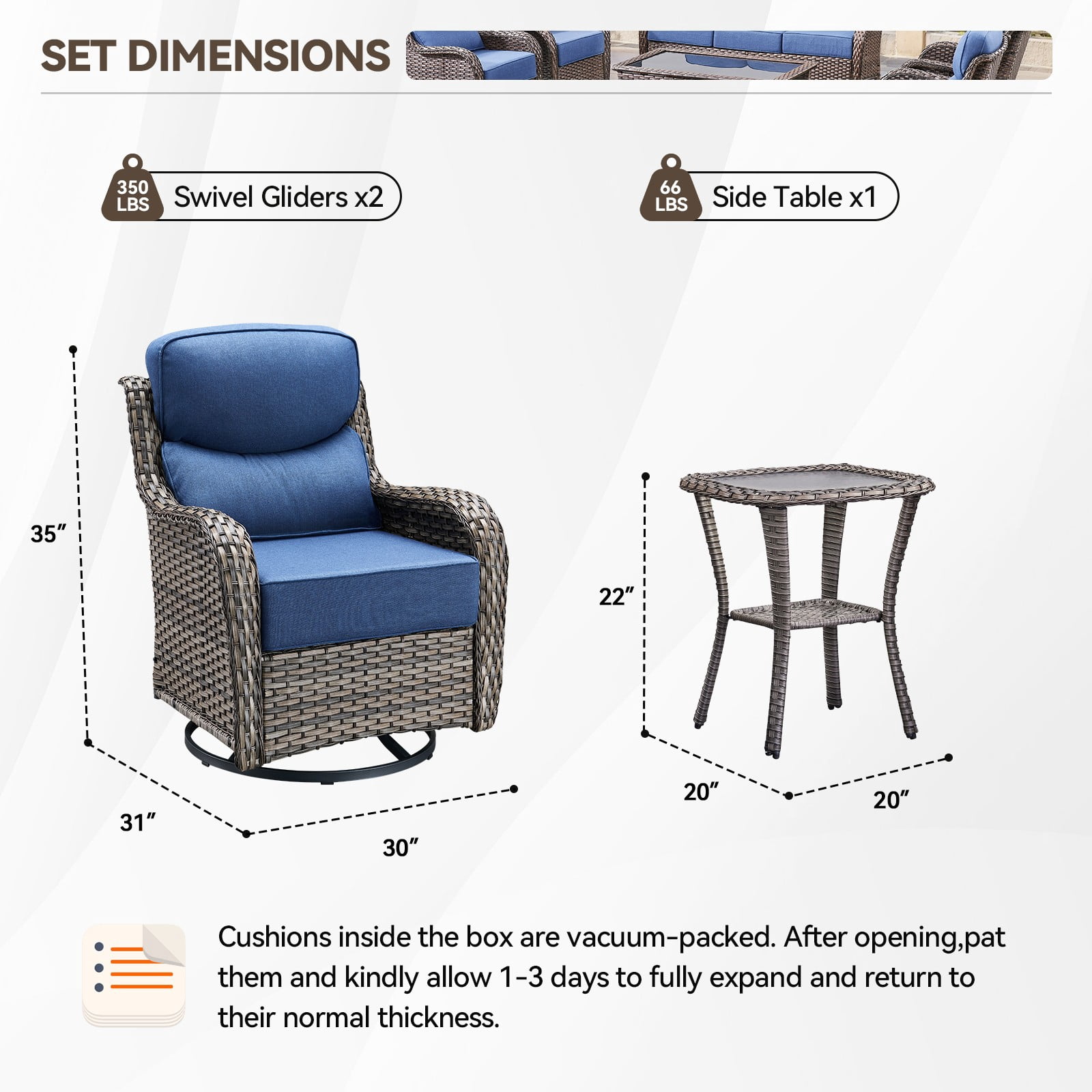 Planntonneo 3-Piece Patio Furniture Set - Wicker Swivel Glider Chairs with 6-Inch High-Resilience Cushions and Side Table, Grey/Blue