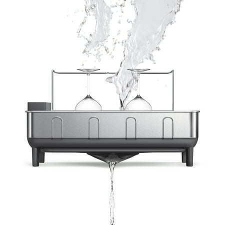 simplehuman - Kitchen Dish Drying Rack With Swivel Spout, Fingerprint-Proof Stainless Steel Frame - Grey Plastic