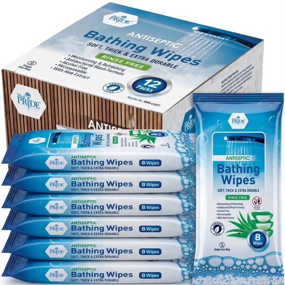 MEDPRIDE 8-Pc Rinse-Free XL Bath Wipes Shower Adult Wipes with Aloe Vera, 12-Pack