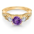 thumbnail image 2 of Gem Stone King 18K Yellow Gold Plated Silver Purple Amethyst White Created Sapphire and White Moissanite Engagement Ring for Women (1.53 Cttw, Gemstone February Birthstone, Round 6MM and 3MM, Size 9), 2 of 4