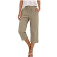 thumbnail image 2 of Bloomae Linen Capris Pants for Women Summer Casual Loose Stretch Elastic High Waist Straight Leg Comfy Lounge Beach Cropped Trousers with Pockets Khaki M, 2 of 6