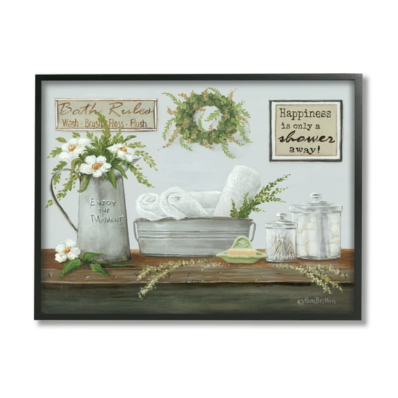 Stupell Industries Farmhouse Bathroom Counter Still Life Motivational Phrases Paintings Black Framed Art Print Wall Art, 30x24, by Pam Britton