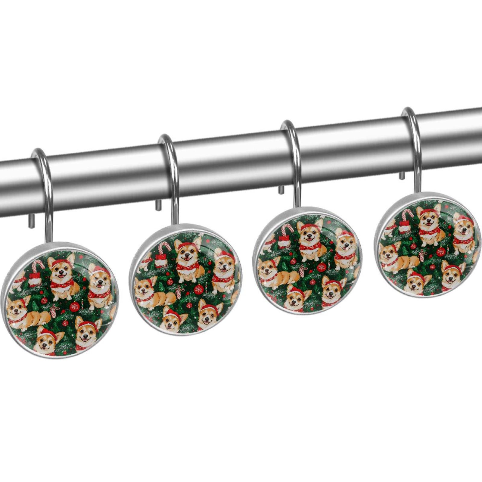 Christmas Corgi Bells Gifts Shower Curtain Hooks Round Crystal Glass, Set of 12 Shower Curtain Rings - Shower Hooks for Curtain Shower Rings