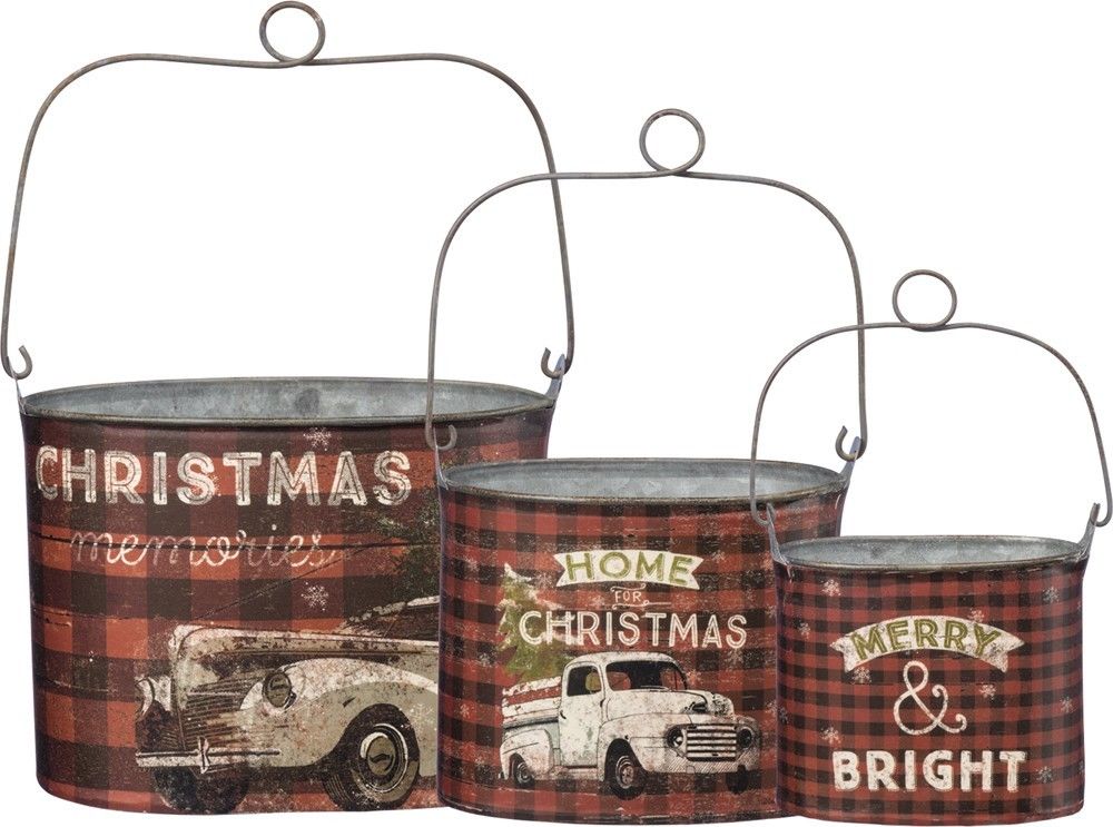 Stacking CHRISTMAS TIN BUCKETS, Set of 3, by Primitives by Kathy