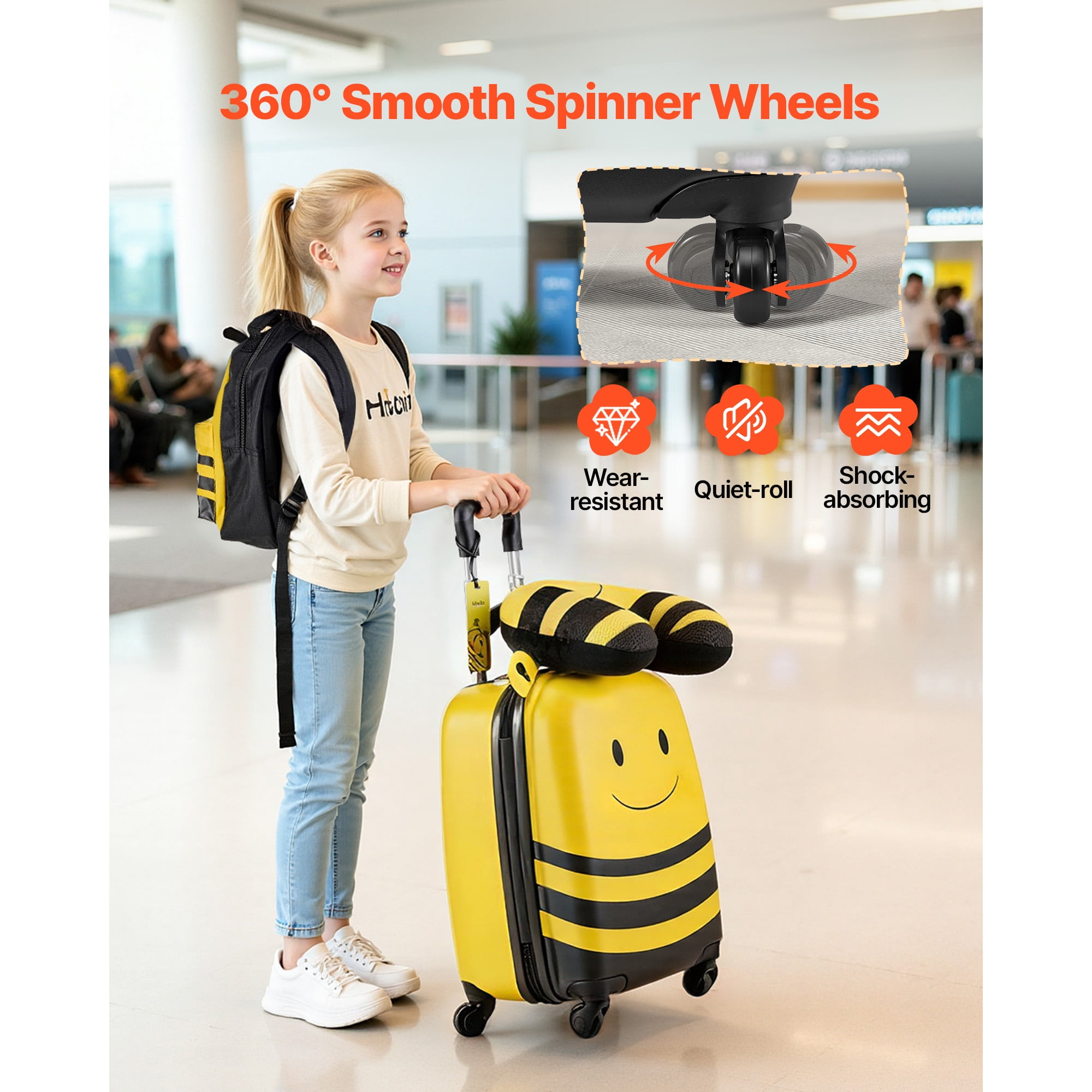 KFFKFF Kids Luggage Set, 5-Piece, 18-Inch Hard-Shell Rolling Suitcase with Backpack & U-Shaped Pillow, Bee-Themed Carry-On for Children, Travel Gift for Boys and Girls, Airline Friendly