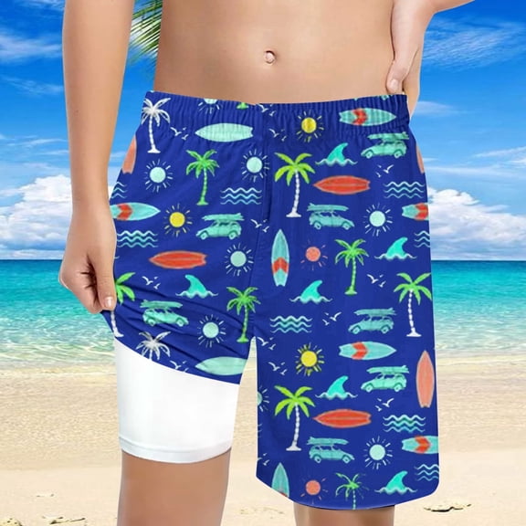 FUZHIQ Boys Swim Beach Print Trunks With Compression Liner Boy Bathing Suit Quick Dry Beach Swimsuit Toddler Swim Shorts,5-6 Years