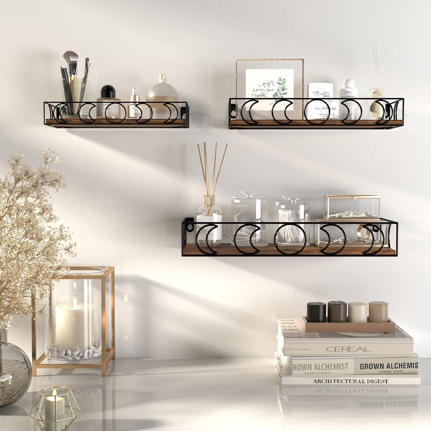 Moon Phase Floating Shelves Black Silver, Set of 3 Small Decorative Wall Shelves for Book Plant Storage, Crystal Figurine Collectibles Display Shelf for Bedroom Kid Room