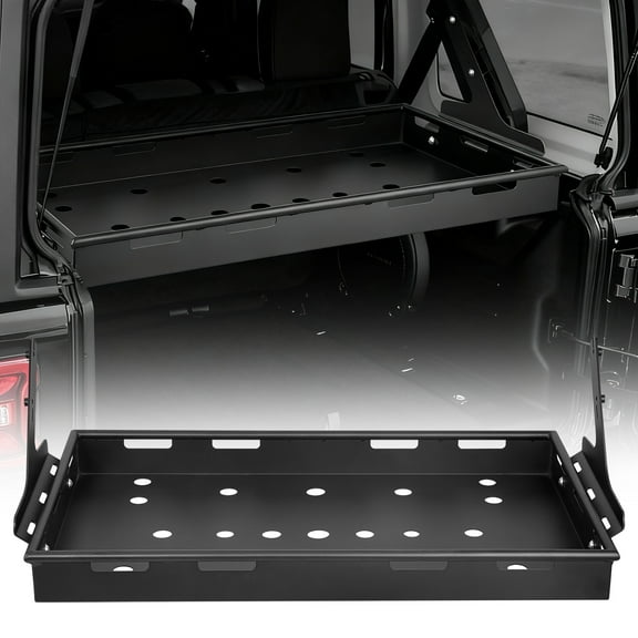 VEVOR Rear Trunk Cargo Rack, for 2018-2024 Jeep Wrangler JLU Sky One-Touch Power Top, 300 lbs, Carbon Steel Basket Tray Interior Storage Luggage Carrier with Net, Shelf Stand Organizer for Camping