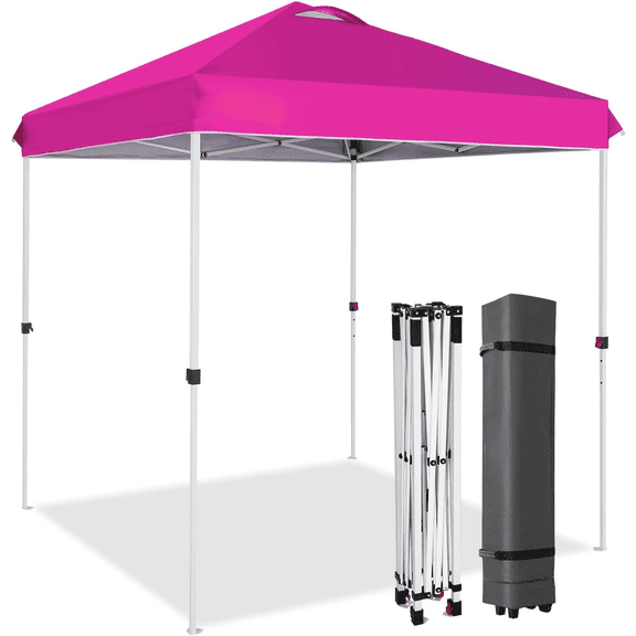 Pop Up Canopy Tent with Wheeled Carry Bag, 8 Stakes, 4 Ropes, Easy Set Up Tent Canopy, 6.6x6.6 ft, Pink