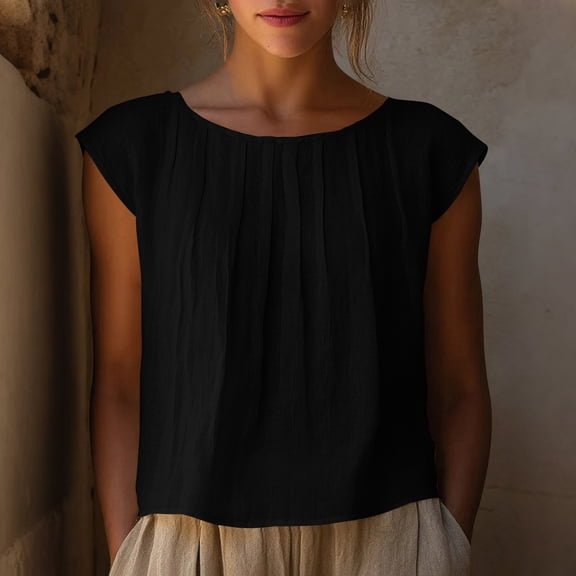 Mifsaly Cotton Linen Crop Tops Women Pleated Crewneck Summer Shirts Lightweight Breathable Beach Vacation Blouse Loose Casual Tshirts L