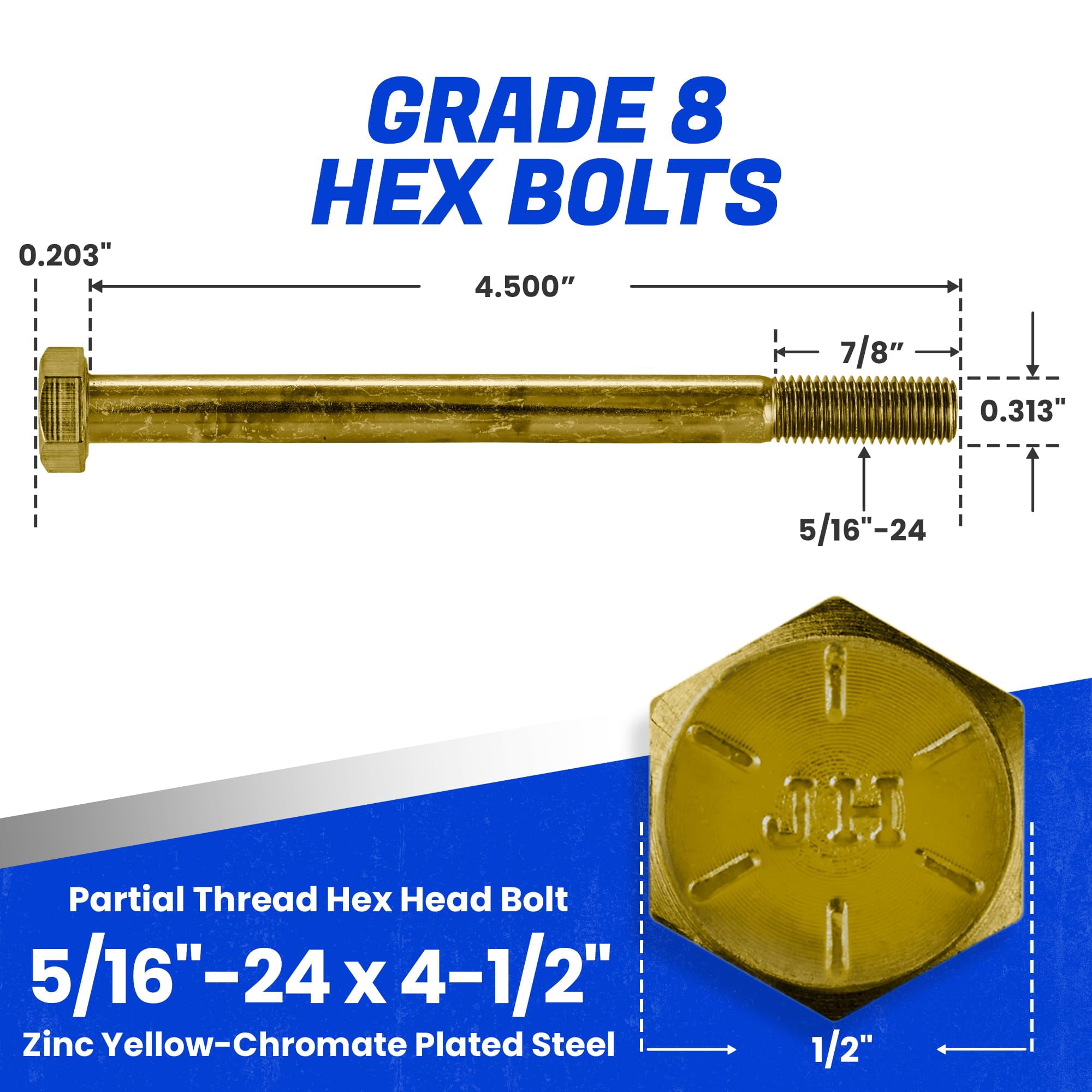 Fastenere 5/16"-24 x 4-1/2" Hex Bolts Grade 8 Zinc Yellow-Chromate Plated Steel, Partial Threaded Durable Hex Bolts for Machinery & Construction, Rust-Resistant, Heavy-Duty Fasteners, Pack of 10