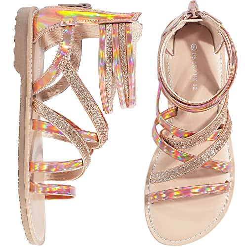 Girls Gladiator Sandals Strappy Summer Sandals with High Ankle Back Zipper for Little Kids Big Kids Gold Size 3 Walmart