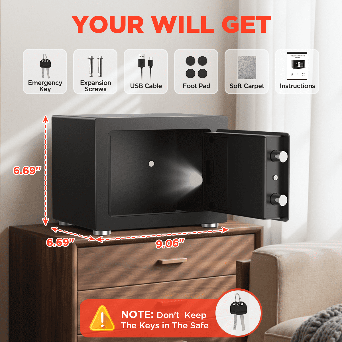 SYSENFO 0.25 Feet Cubic Safe Box, Money Lock Safes with Digital Keypad, USB Cable and Sensor Light, Security Safe for Home Office Hotel (Black)