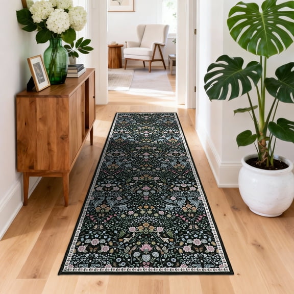GlowSol 2×6 Black Runner Rug, Washable Non-Slip Velvet Low Pile Rug, Stain Resistant for Hallway, Entryway, Bedroom, Kitchen