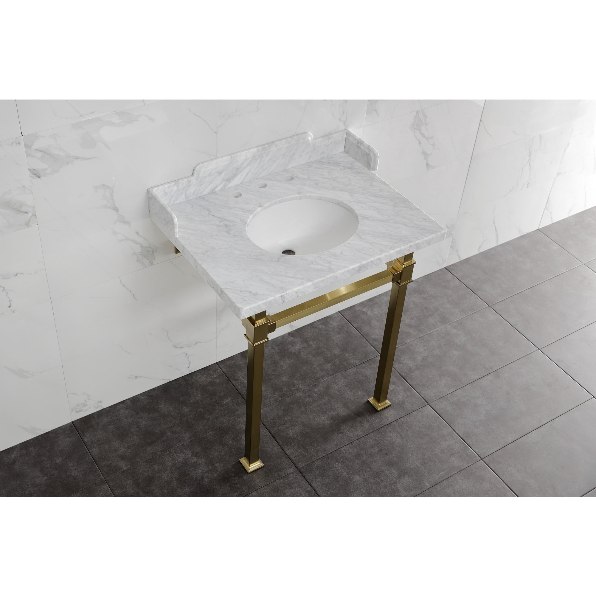 Kingston Brass LMS30MOQ7 Viceroy 30" Carrara Marble Console Sink with Stainless Steel Legs (8-Inch, 3-Hole), Carrara Marble White/Brushed Brass