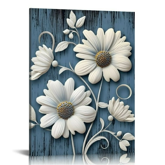 ONETECH Daisy Canvas Wall Art Rustic Blue White Flower Painting Picture for Farmhouse Vintage Square Farm Country Floral Artwork Framed for Home Decor
